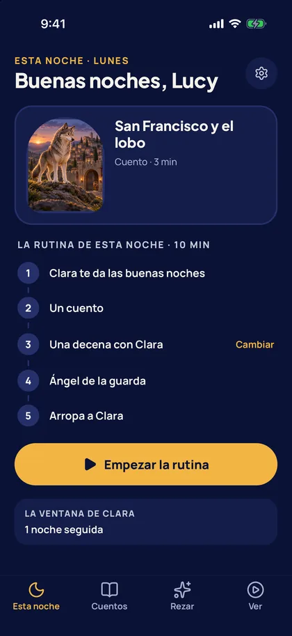 La pantalla Esta noche de la app, con los cinco pasos de la rutina