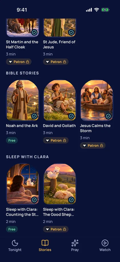 The stories library in the app: saints, Bible stories and Sleep with Clara