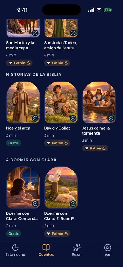 La biblioteca de cuentos en la app: santos, historias de la Biblia y Duerme con Clara